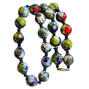 VTG Necklace Venetian Glass Murano Millefiori Beads Colorful Italy knotted 12mm